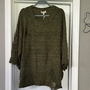 Umgee Olive Green Distressed Knit Women's Sweater